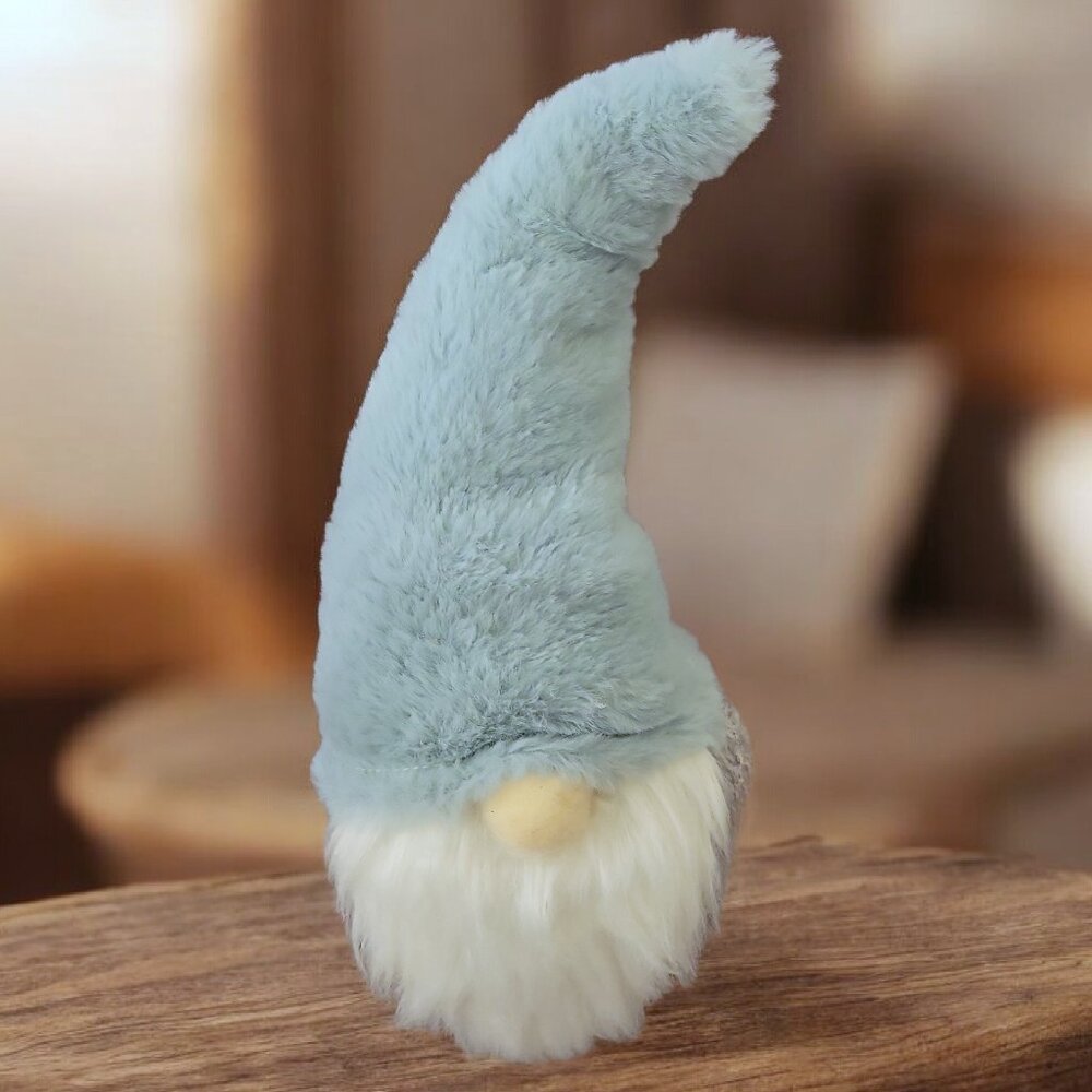 Large 13โ Plush Gnome Decor Light Blue Hat Faux Fur Beard Weighted Shelf Figure - Picture 5 of 5